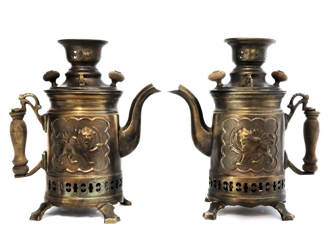 A Pair Of Persian Copper Charcoal Pitcher/Samovar: A Pair Of Russian/Persian Copper Charcoal Pitcher, Lion Sword sign, Pahlavi Circa By Yousof maker! H 11" x W 10"