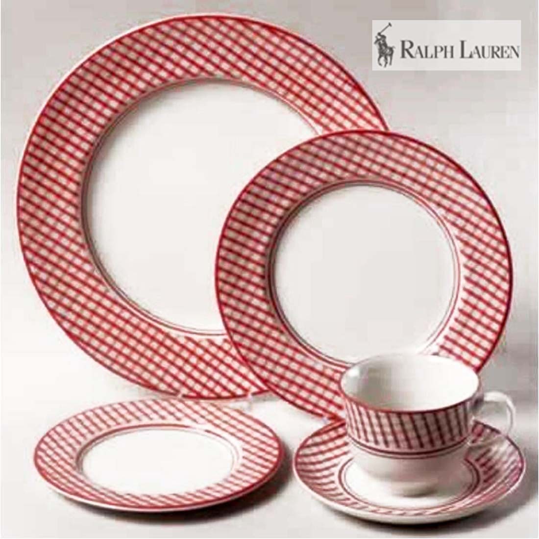 Ralph Lauren Wedgewood Homestead Dinner Set (8 Pieces): Ralph Lauren Wedgewood Homestead (8 complete Porcelain dinner set). Footed cup & saucer set (D 2.1/2"), Dinner plates (D 10.1/4"), Salad plates (D 7.3/4"), Bread & butter plate (D 6.1/4")