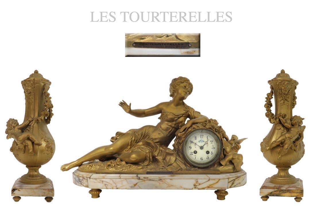Les Tourterelles, F. Moreau Mantel Clock Set, 19th C. (1 of 1)