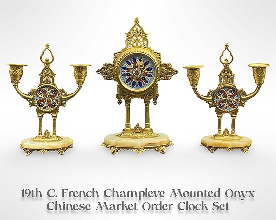 19th C. French Champleve Bronze Onyx Clock Set: 19th C. French Champleve Bronze Mounted Onyx Clock Set for Chinese Market Order. Clock: H 12" x L 7" x W 4.6", Candelabras: H 9.75" x L 5" x W 3.25"