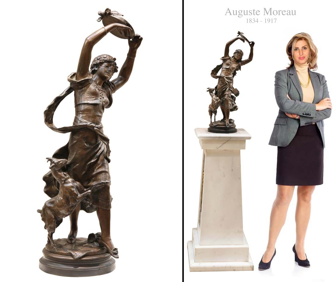 19th Century French Auguste Moreau Bronze Sculpture Group, Signed: 19th Century French Bronze sculpture group of A woman playing the tambourine and her Goat. Signed Auguste Moreau. H 30". Note: the pedestal is NOT included!