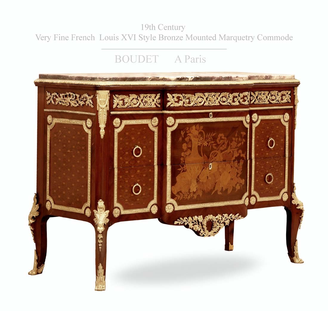 Very fine 19th C French Boudet Louis XVI Style Bronze Marquetry Commode/Cabinet, Signed (1 of 1)