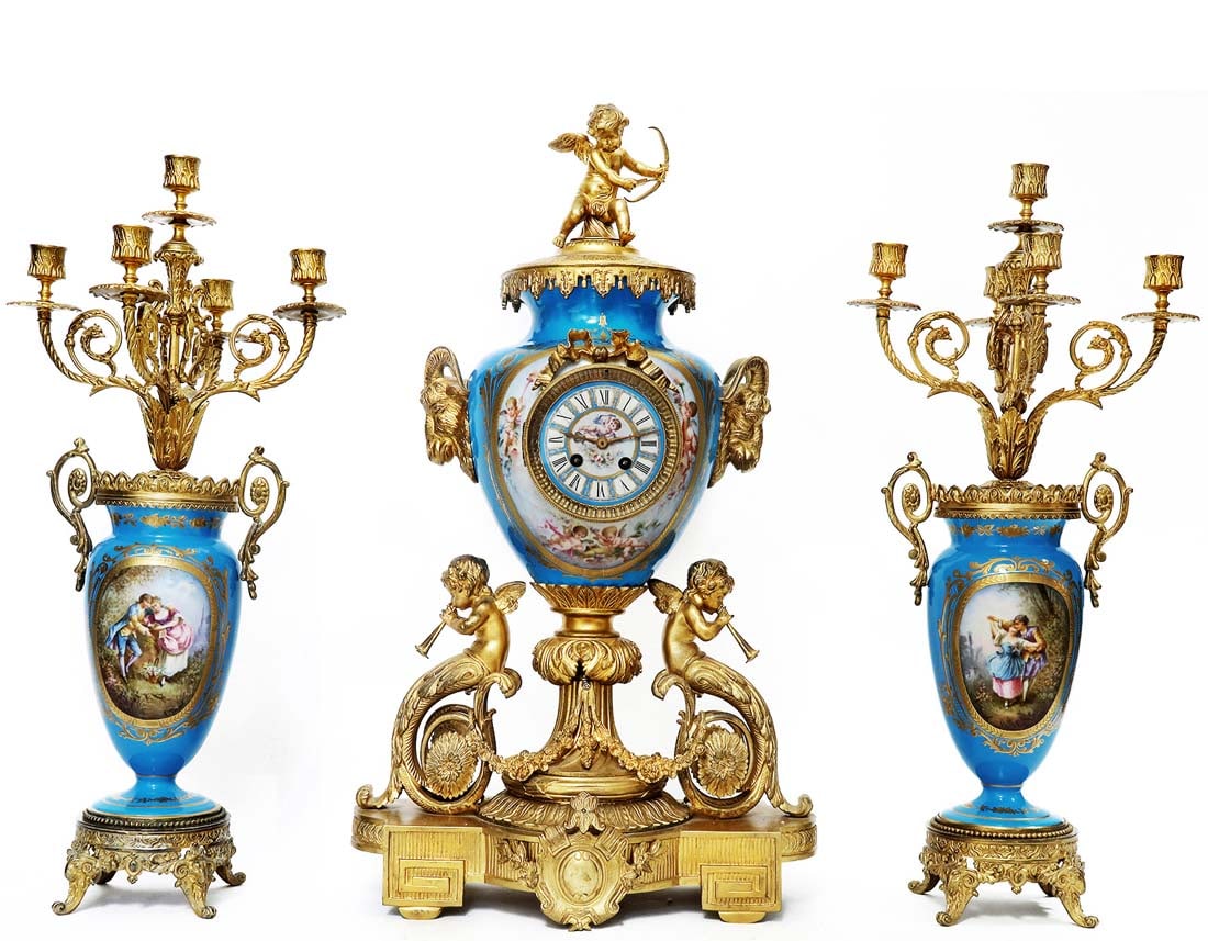 19th C. French Sevres Hand Painted Porcelain Bronze Clock set (1 of 7)