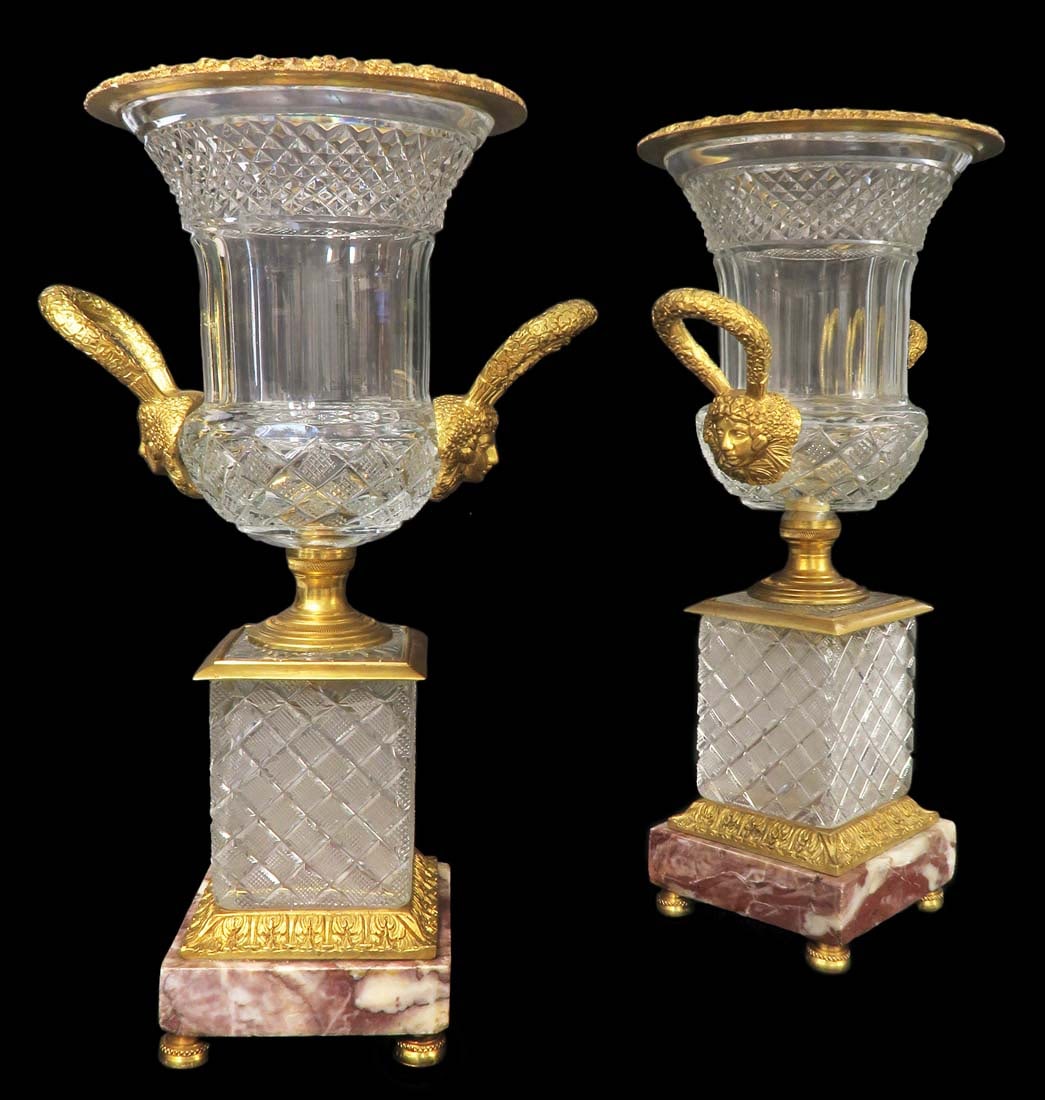 A Pair of Large Bronze Baccarat style Crystal Vases: A Pair of Large Figural Bronze Baccarat style Crystal Vases. H 17.1/2"