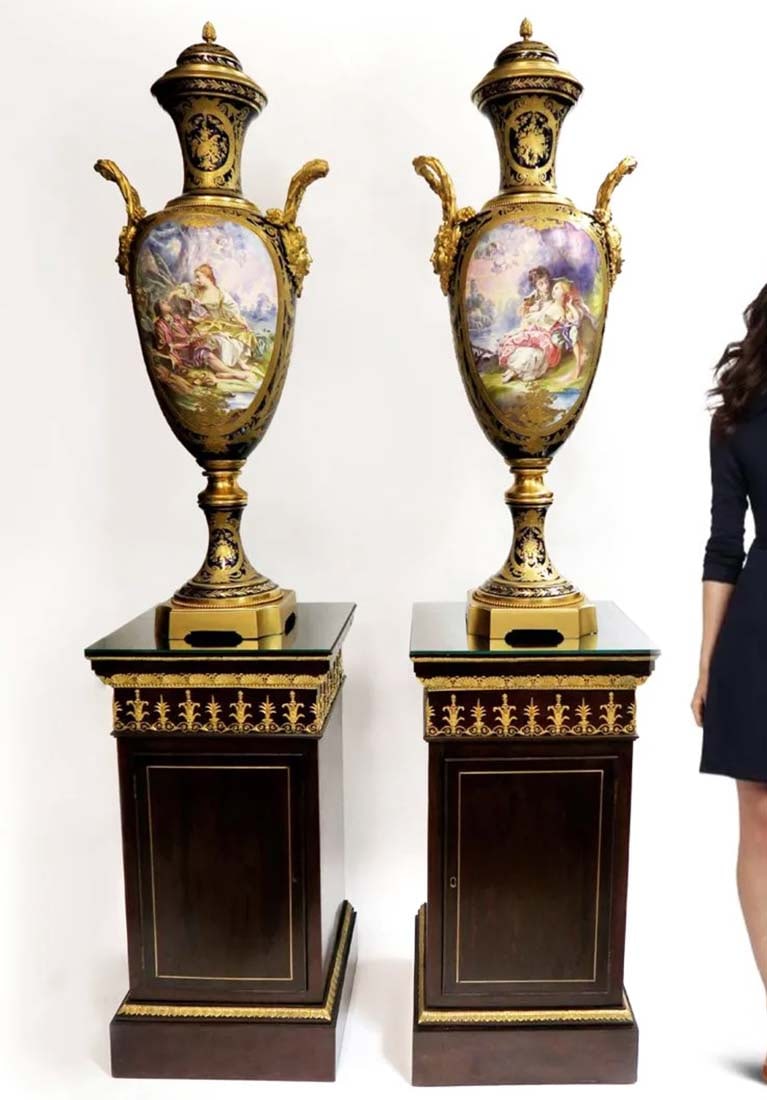 A Pair of 19th C. Monumental Sevres Vases. Museum Quality, Signed Maxant: A Pair of 19th C. French Monumental Bronze Mounted Sevres Hand-painted Porcelain Vases. Museum Quality! Signed "Maxant". Note: Bases (pedestals) sold in separately lot! 52" x 19"