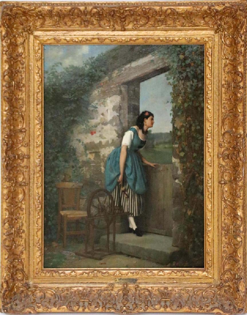 An Oil on Mahogany Panel By A.GAUDIN, 19th C.: A French oil on mahogany panel, "A.GAUDIN" Signed. This piece depicts a young girl wearing a polonaise gazing through an open exterior window. Artist's signature "A.Gaudin" and date (1871) to the lowe