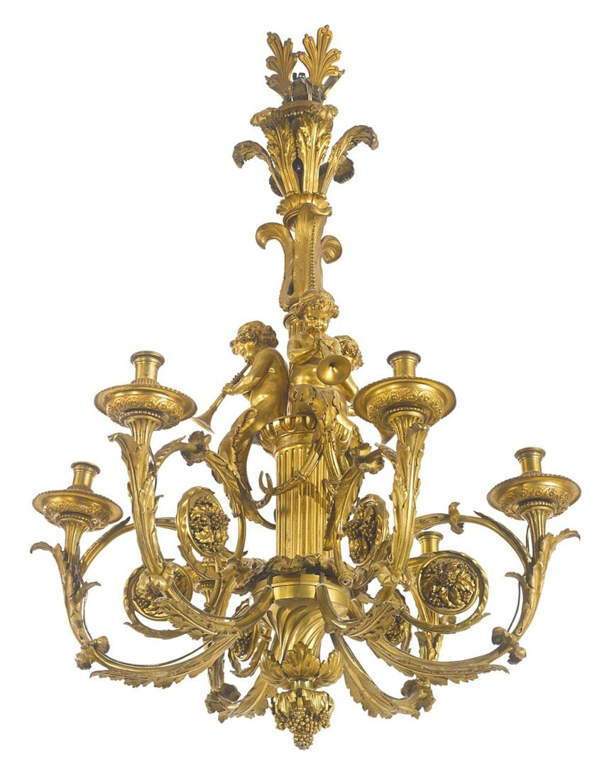 A "Henri Dasson" Signed Gilt bronze 6-light chandelier: A Louis XVI style gilt bronze six-light chandelier, Henri Dasson (French, 1825 - 1896), Paris, dated 1889, after the model by Pierre Gouthiere. signed henry Dasson et Cie/1889. height 41"; diameter 28