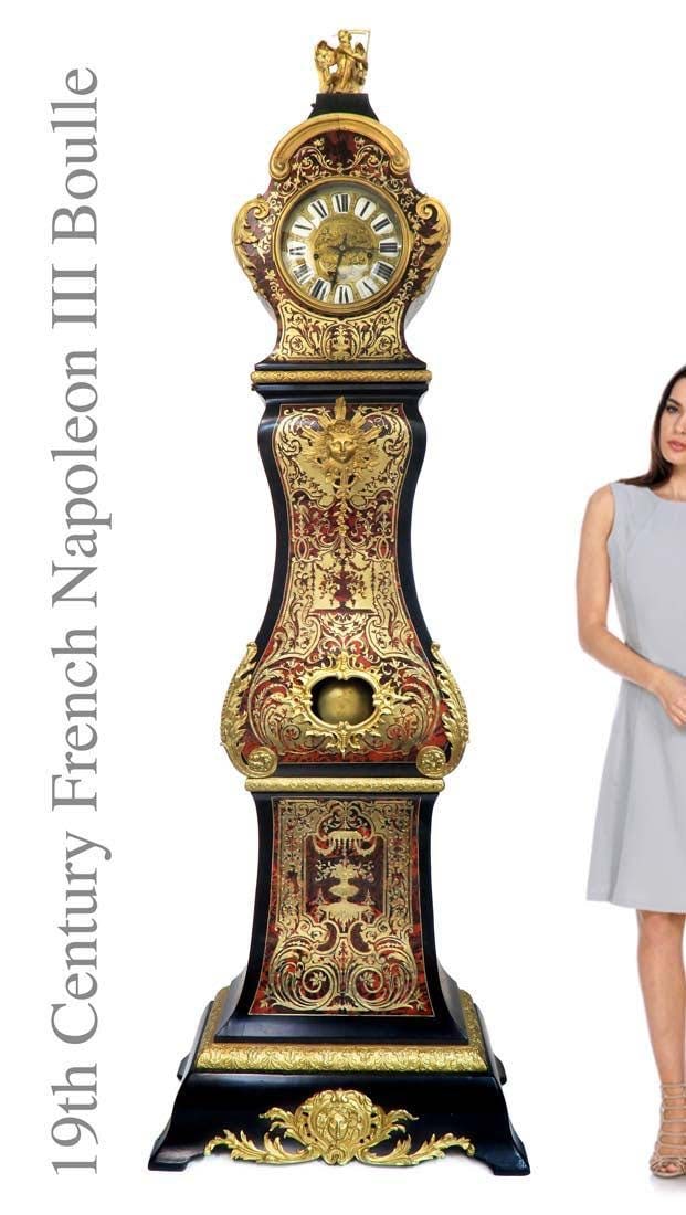 Napoleon III Boulle Figural Bronze grandfather Clock: 19th C. French Napoleon III Boulle Figural Bronze grandfather Clock. H 94"