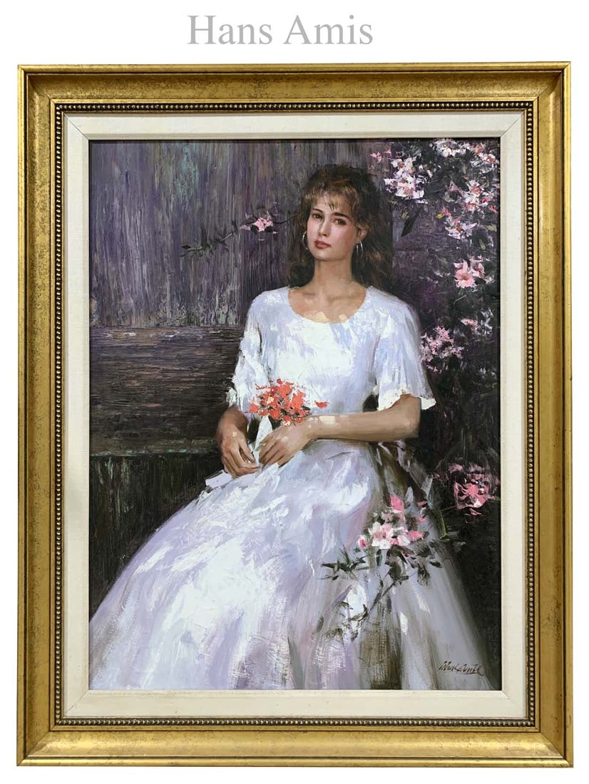 Lady In Flower Garden, An Oil on Canvas Painting Signed By Hans Amis: Lady In Flower Garden, An Oil on Canvas Painting Signed By Hans Amis. 50" x 40". About Artist: Hans Amis, born in Canton, China, in 1957, is a graduate of the Fine Art College in Canton and a member o
