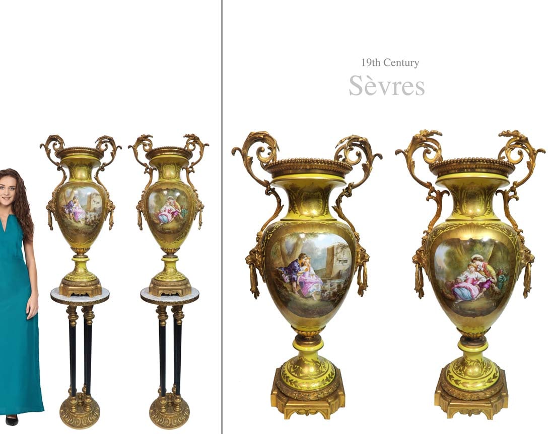 A Pair of Very Large Yellow Sevres Bronze Vases, 19th C: A Pair of Very Large & Rare 19th C. French Yellow Sevres Hand Painted Porcelain Bronze Vases. NOTE: The pedestals are NOT included! H 36.1/2"