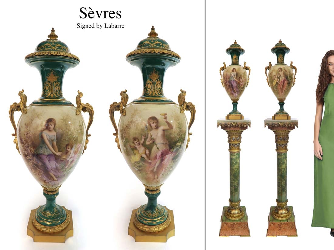 PAIR OF 19TH C ORMOLU-MOUNTED SEVRES GREEN LIDDED VASES: A PAIR OF 19TH C. ORMOLU-MOUNTED (Bronze) SEVRES HAND PAINTED PORCELAIN GREEN VASES AND COVERS, Singed by Labarre. Note: The pedestals ARE NOT included! H 26"