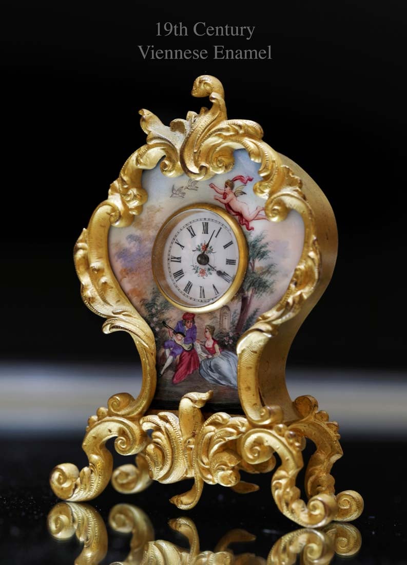 19th C. Austrian Viennese Enamel Bronze Miniature Clock: 19th C. Austrian Viennese Enamel Bronze Miniature Clock. H 4" x 2.75" x 1"