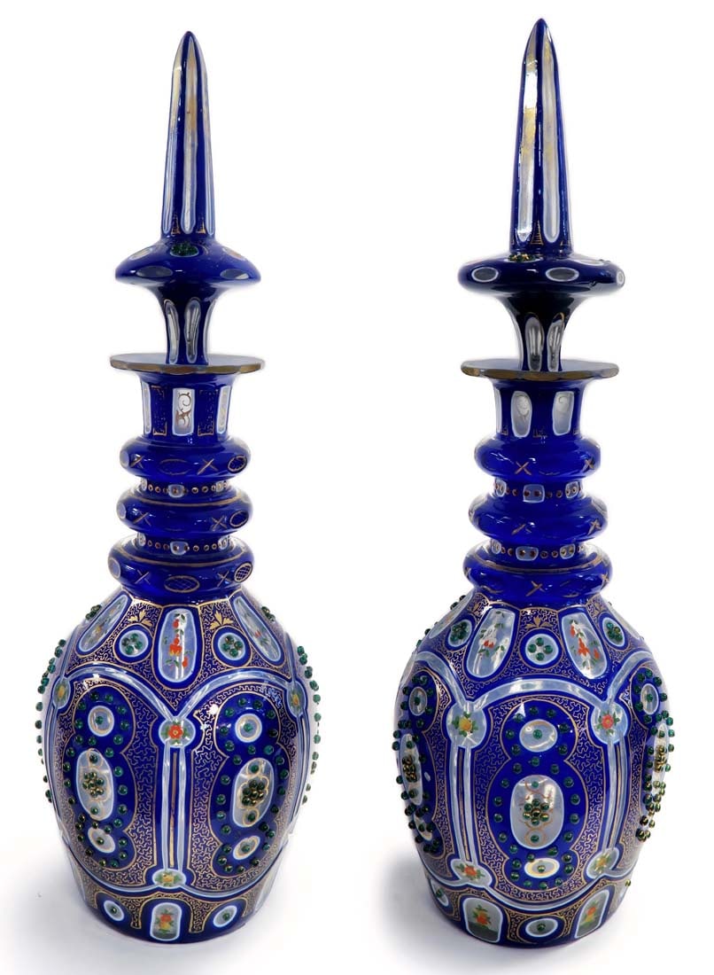 19th C. Persian Qajar Bohemian Ruby Cut-Glass Decanter: 19th C. Persian Qajar Bohemian Ruby Cut-Glass Decanter and Stoppers. H 18.1/2"