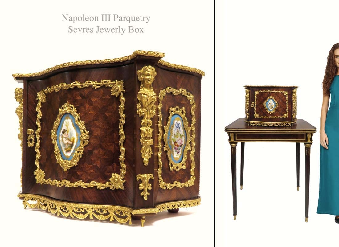 19th C Napoleon III Sevres Parquetry Bronze Jewelry Box: 19th C. French Napoleon III Parquetry and Sevres Hand Painted Porcelain Plaque & Bronze Jewelry Box. NOTE: the table is NOT included! 18.5" x 9" x H 13"