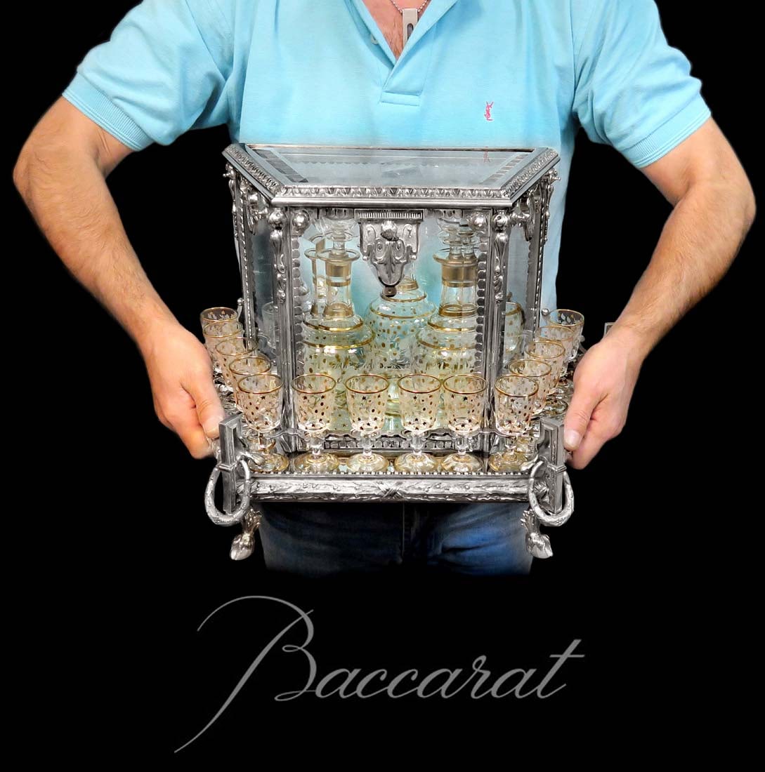 19th C. Baccarat Crystal Silver-Plated Bronze Tantalus: 19th C. French Baccarat Crystal Ornate Silver-Plated On Bronze Tantalus Liquor Set. 18.5" x 10" x H 12"