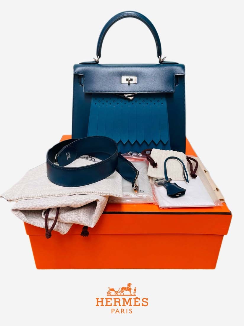 A Hermes Kelly 28 BLUE GOLF BOX LEATHER Bag: A French Hermes Kelly 28cm GOLF BOX LEATHER BLUE DE PRUSSE BLEU DE GALICE Bag. Limited Edition 2014.