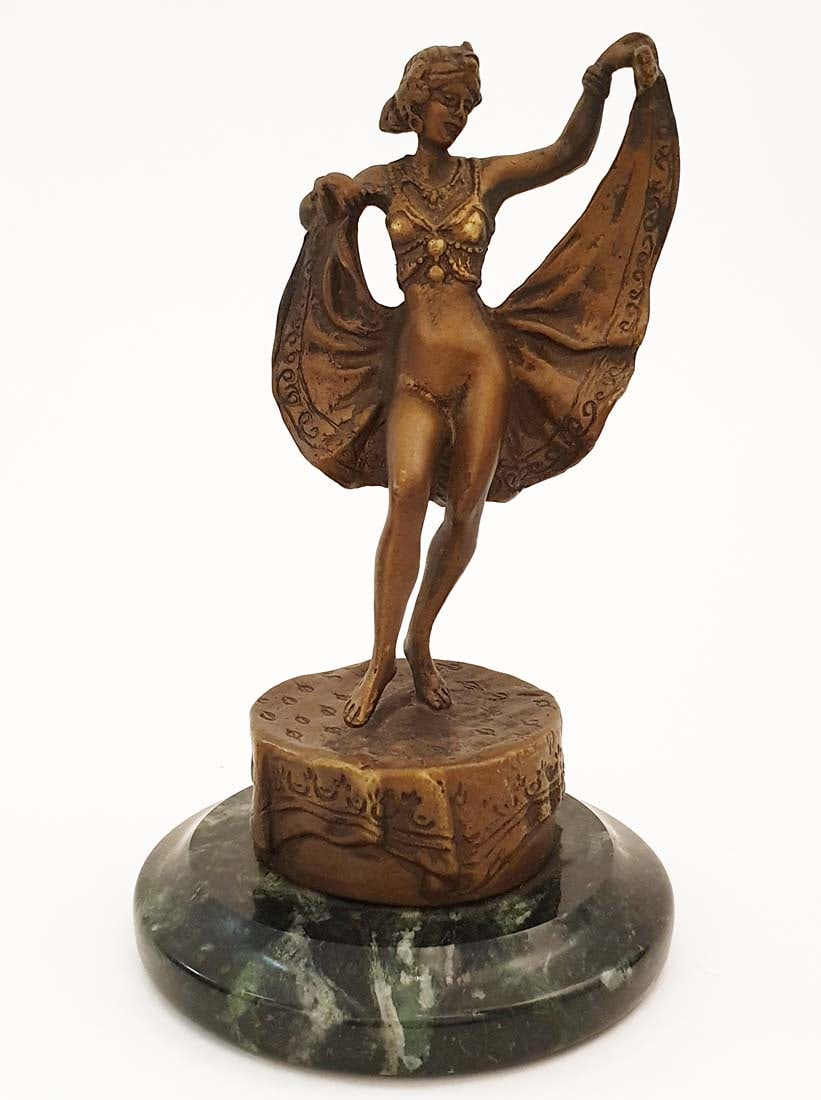 Orientalist Dancer, After Bergman Bronze Figurine: Orientalist Semi Nude Dancer, After Bergmann Bronze Sculpture on marble base, "Nam Greb" double Signed. Total Size: H 5.1/2" x D 3.1/2". About Artist: Franz Xaver Bergmann (or Franz Xaver Bergman) (Ju