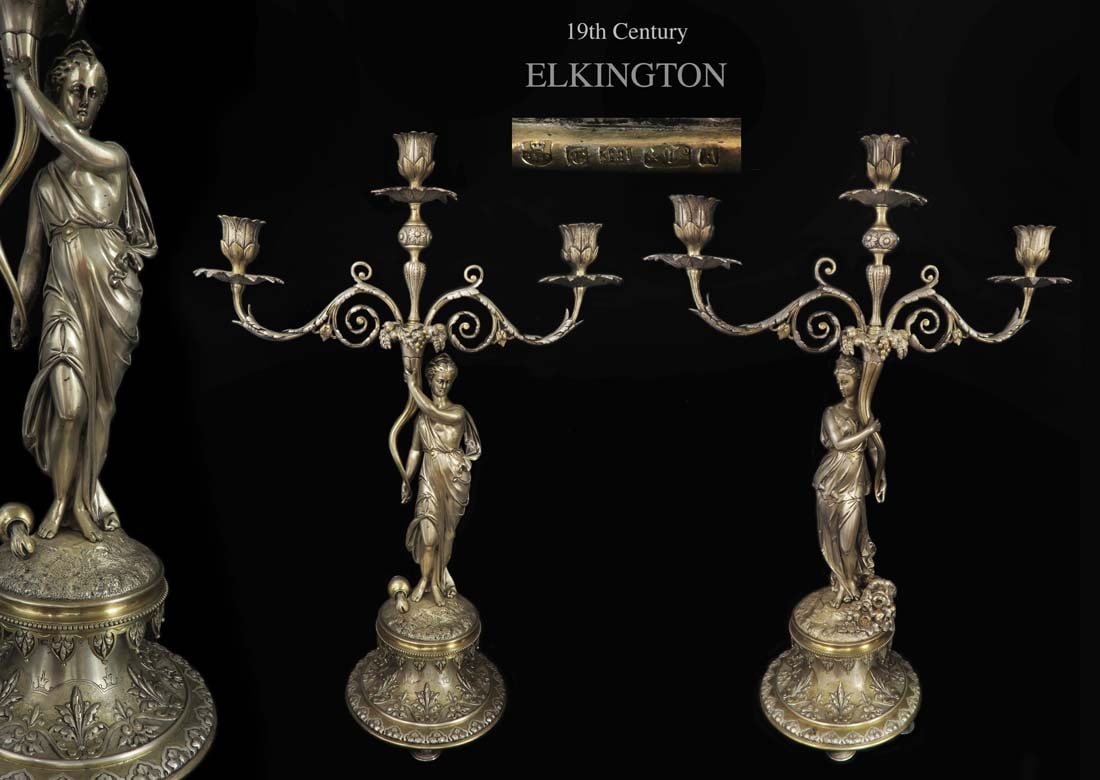 Large Pair of Elkington Silver-Plated Candelabras: 19th C. English Elegant Large Pair Elkington & Co. Silver-Plated Figural Candelabras. H 25"