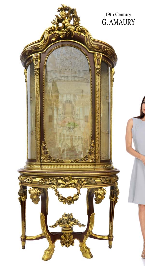 A Monumental 19th C. Figural Vitrine, G. Amaury Signed: A Monumental 19th C. French Figural Vitrine Cabinet. G. Amaury Signed. H 90" x 41" x 18"