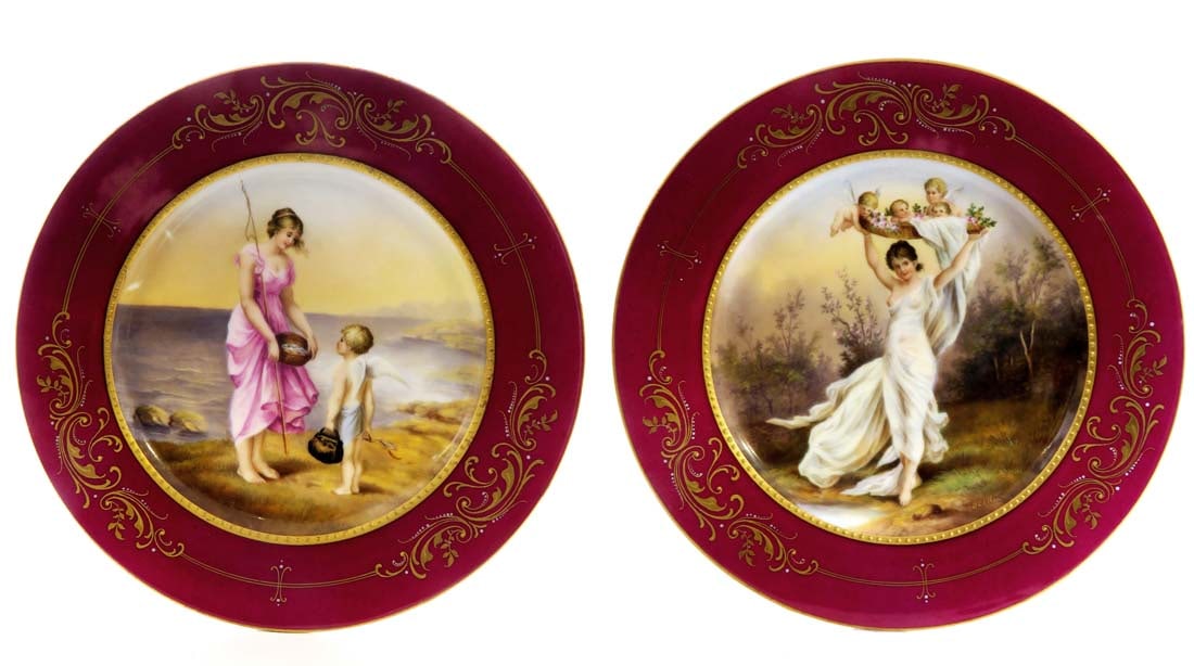 A Pair Of 19th C. Royal Vienna Hand Painted Plates: A Pair Of 19th C. Austrian Royal Vienna Hand Painted Porcelain Cabinet Plates. Signed By artist: Beer. D 8"