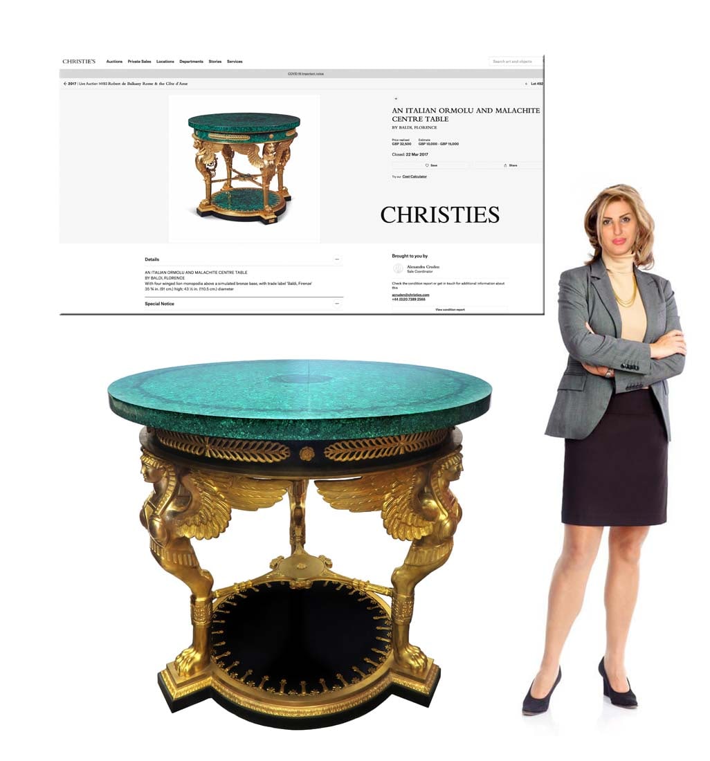 A Large Italian Figural Bronze & Malachite Center Table: A Large Italian Ormolu Figural and Malachite Center Table. H 35.5" x W 41.5"