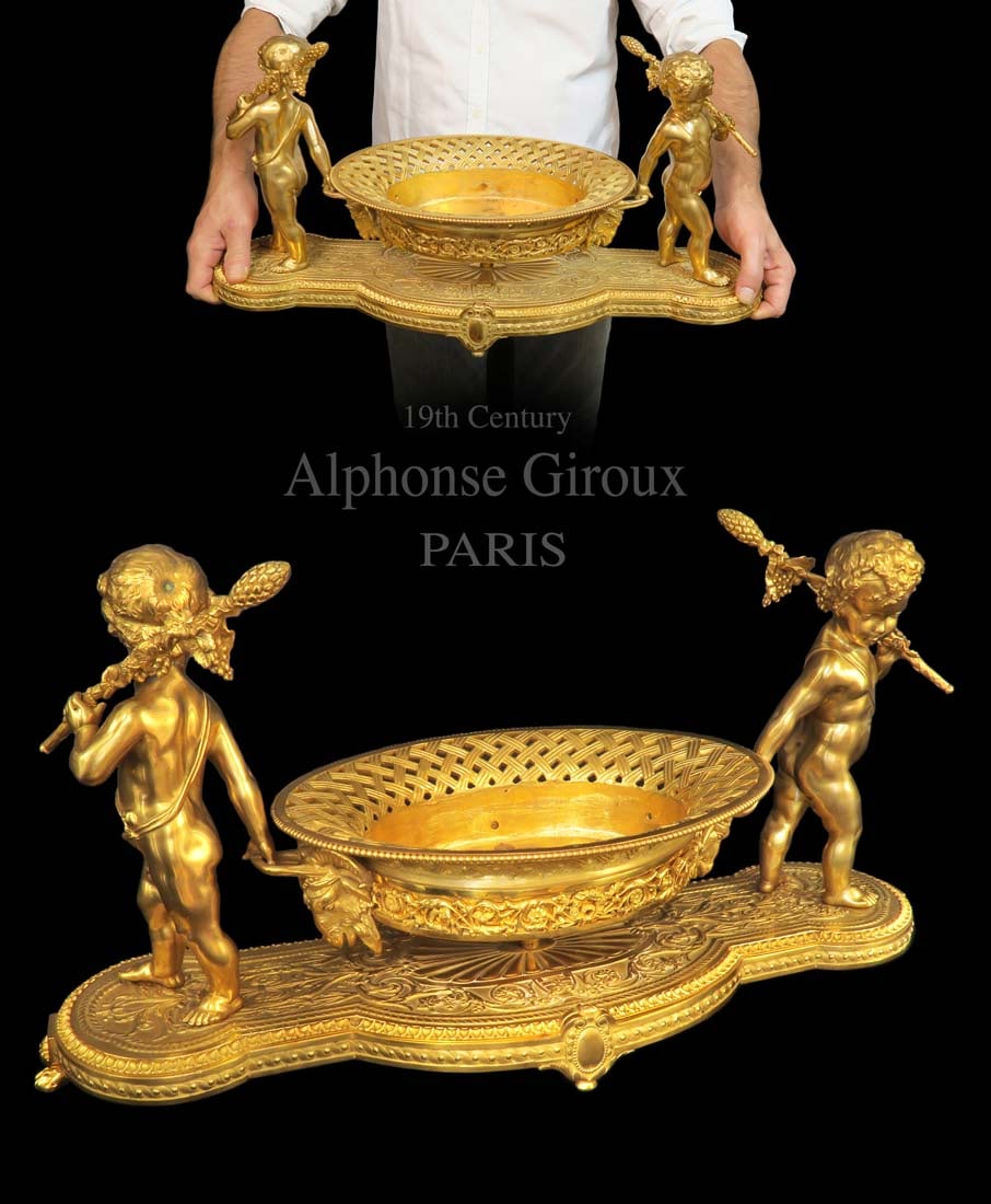 Large Alphonse Giroux Gilt Bronze Jardiniere, 19th C.: Large 19th C. French Louis XV Gilt Bronze figural Jardiniere by Maison Alphonse Giroux. 24" x 9" x H 13"