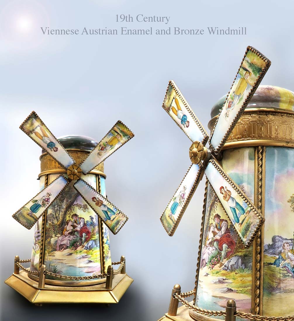 A Large 19th C. Austrian Viennese Enamel Bronze Windmill Miniature: 19th Century Austrian Viennese Enamel Bronze Windmill Miniature. H 8"