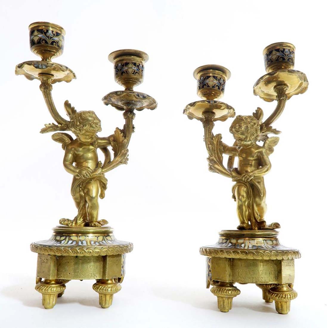19th C. Judaica Champleve & Bronze Clock Set - 12
