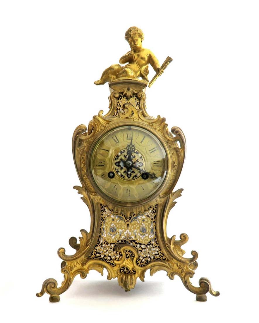 19th C. Judaica Champleve & Bronze Clock Set - 2