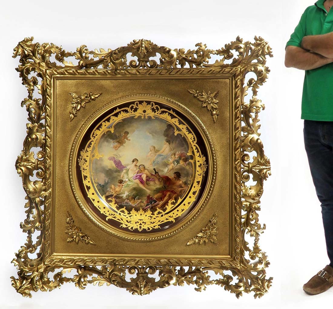 Monumental Framed Museum Quality Royal Vienna Charger: Monumental Framed Museum Quality Royal Vienna Charger. Austrian Hand Painted Porcelain. Charger Diameter: 21", Frame: 41" x 41"