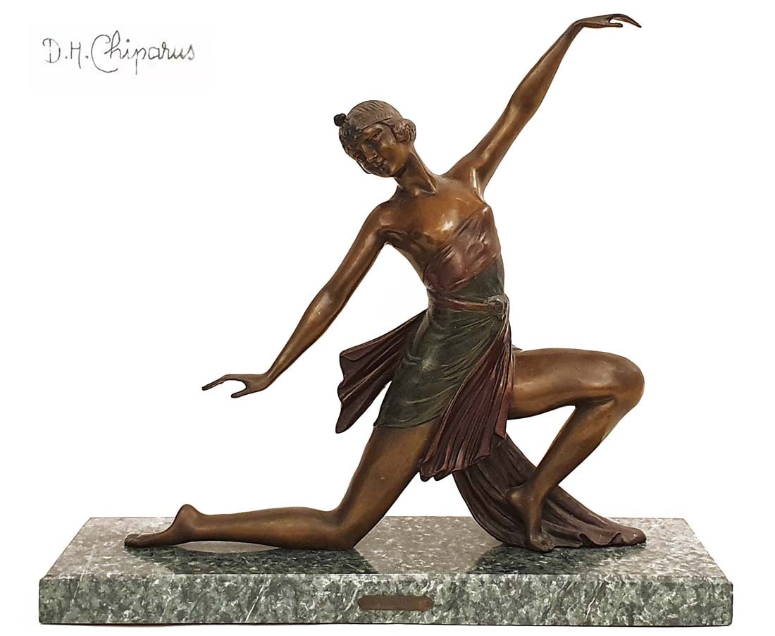 The Dancer, A Vintage Post D.H.Chiparus Bronze Figurine: The Dancer, A Vintage Post D.H.Chiparus Heavy Bronze Figurine on Green Marble Base, Signed. H 16.5" x W 18.5" x D 6". About Artist: Demetre H. Chiparus, also known as Dumitru Chiparus, was born in