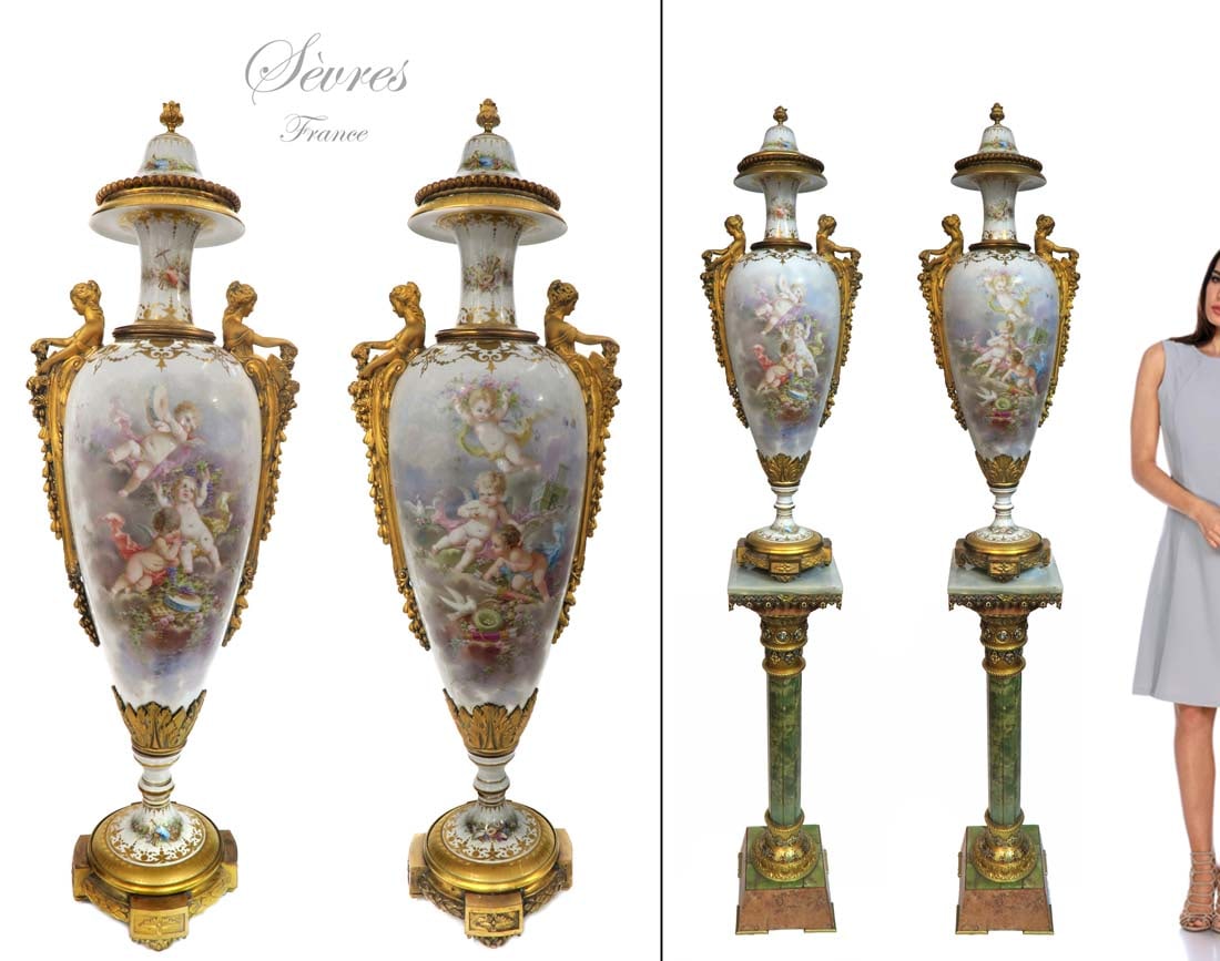 A Very Rare Pair of Gilt Figural Bronze Sevres Vases: A Very Rare Pair of 19th Century French Gilt Figural Bronze Mounted White Sevres Hand painted porcelain Vases. NOTE: Pedestals are NOT included. H 41"