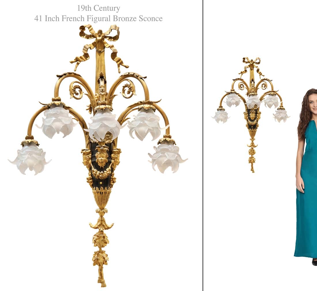 A Large 19th C. French Figural Bronze Wall Sconce: A Large 19th C. French Figural Bronze Wall Sconce. H 41"