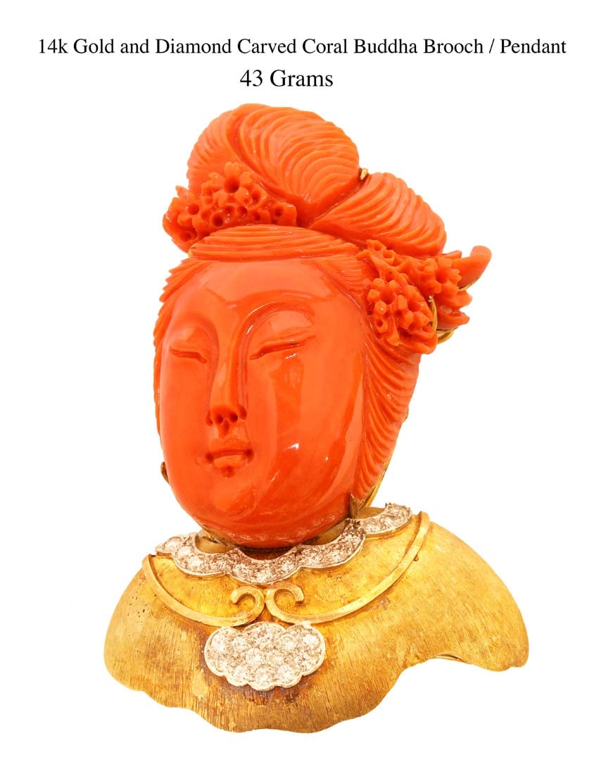 14k Gold & Diamond Carved Coral Buddha Brooch/Pendant: 14k Gold & Diamond Carved Coral Buddha Brooch/Pendant. 43 Grams. L 2.75"