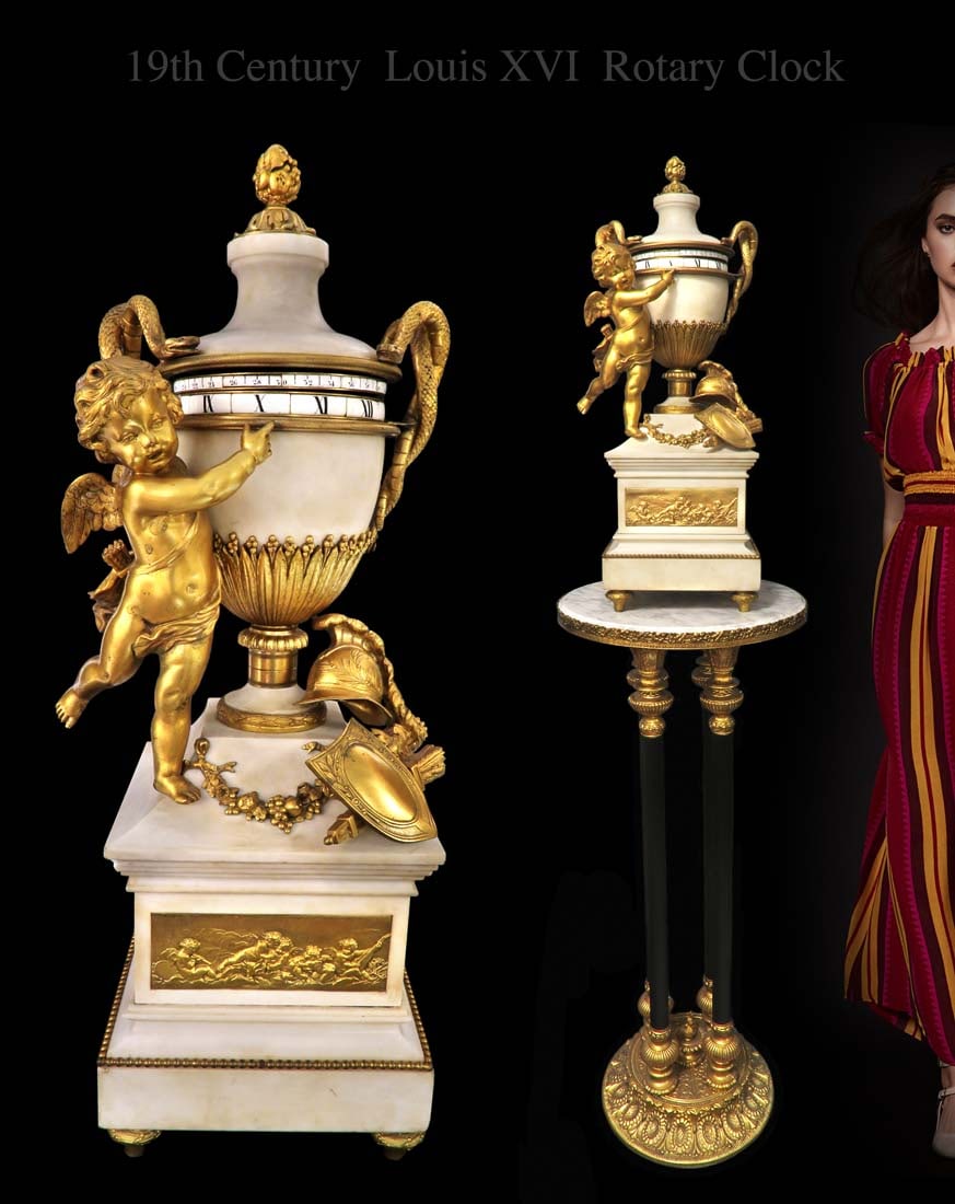 19TH C. LOUIS XVI GILT BRONZE & MARBLE ROTARY CLOCK: A SUPERB 19TH C. LOUIS XVI GILT BRONZE MOUNTED MARBLE ROTARY FIGURAL CLOCK. H 26.5", Not: The pedestal is NOT included! Video link: https://www.youtube.com/watch?v=mgoj_Pzyeas&feature=youtu.be