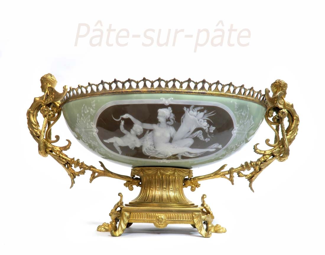 19th C. Green Pate Sur Pate & Gilt Bronze Centerpiece: 19th C. Green Pate Sur Pate / Gilt Bronze Centerpiece. 23" x 11.5" x H 13"