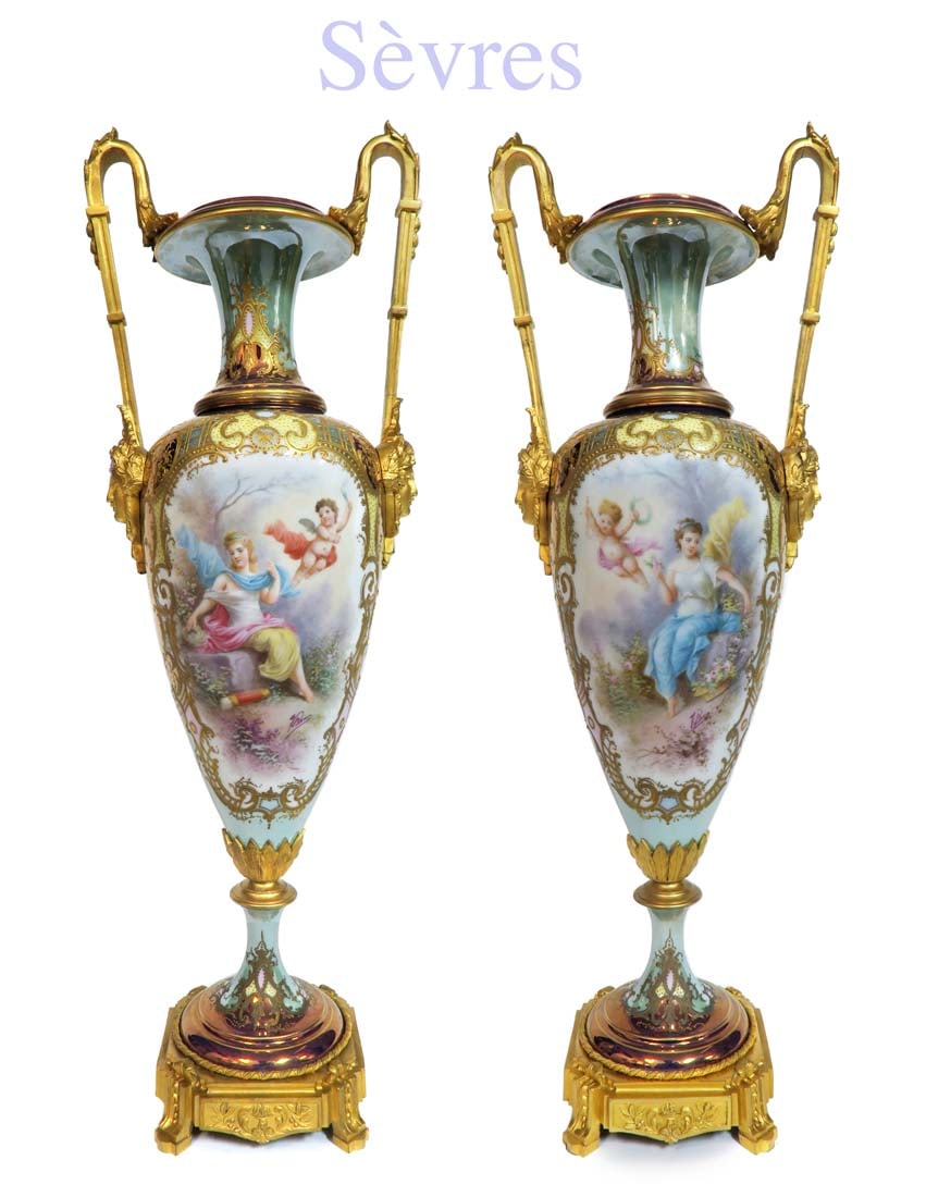 A Very Fine 19th C. Pair of Sevres Gilt Bronze Vases: A Very Fine 19th C. Pair of Sevres Hand Painted Porcelain Ormolu-Mounted Gilt Bronze Vases. H 20.5"
