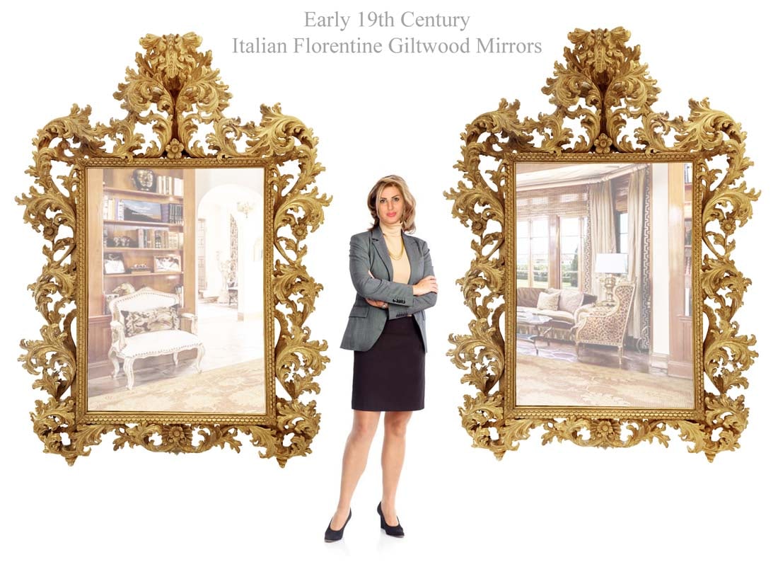 A Pair of Very Large Early 19th C. Italian Florentine Giltwood Mirrors: A Pair of Very Large Early 19th Century Italian Florentine Giltwood Mirrors. H 71" x W 52"