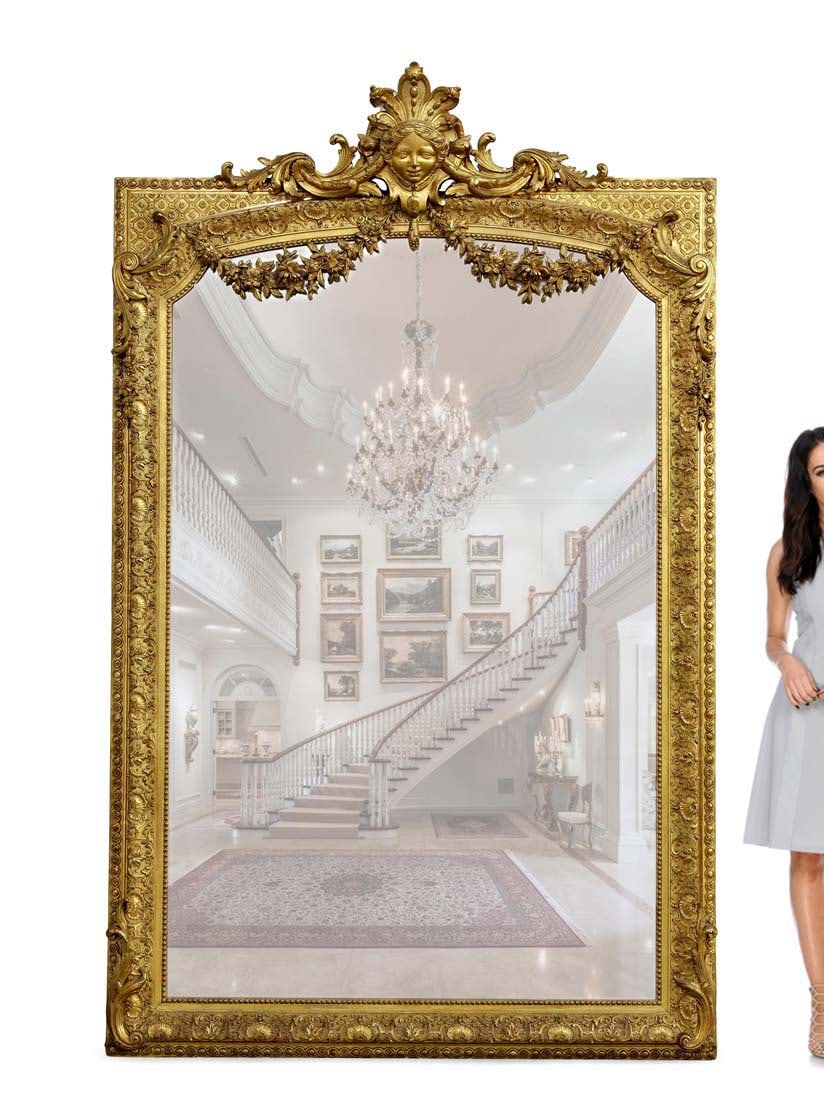 A Monumental 19th C. French Figural Gold Leaf Mirror: A Monumental 19th C. French Hand Curved Wood Figural Original Gold Leaf Mirror. 97" x 60"