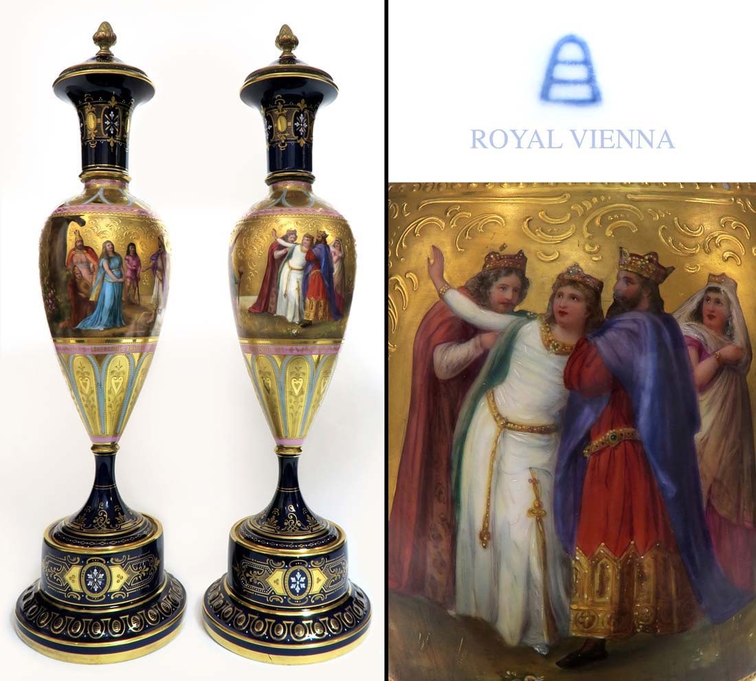 19th C. Pair of Royal Vienna Hand Painted Vases: 19th C. Pair of Austrian Royal Vienna Hand Painted Porcelain Vases. H 22"