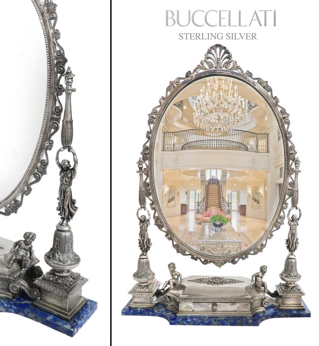 Buccellati Sterling Silver/Lapis Lazuli Figural Mirror: Italian Buccellati sterling silver & lapis lazuli Figural mirror. Measures Approx. 15.75" x 6" x H 21"
