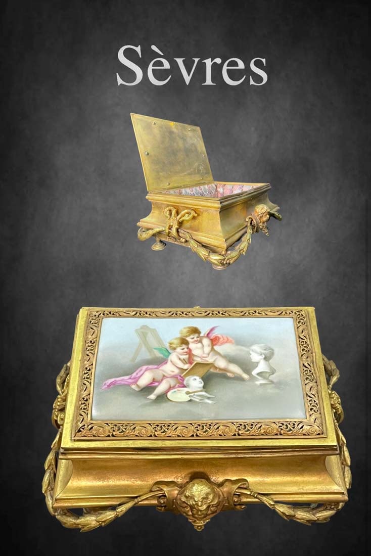 19th C. French Sevres Hand Painted Porcelain Plaque Mounted Figural Bronze Jewelry Box (1 of 9)