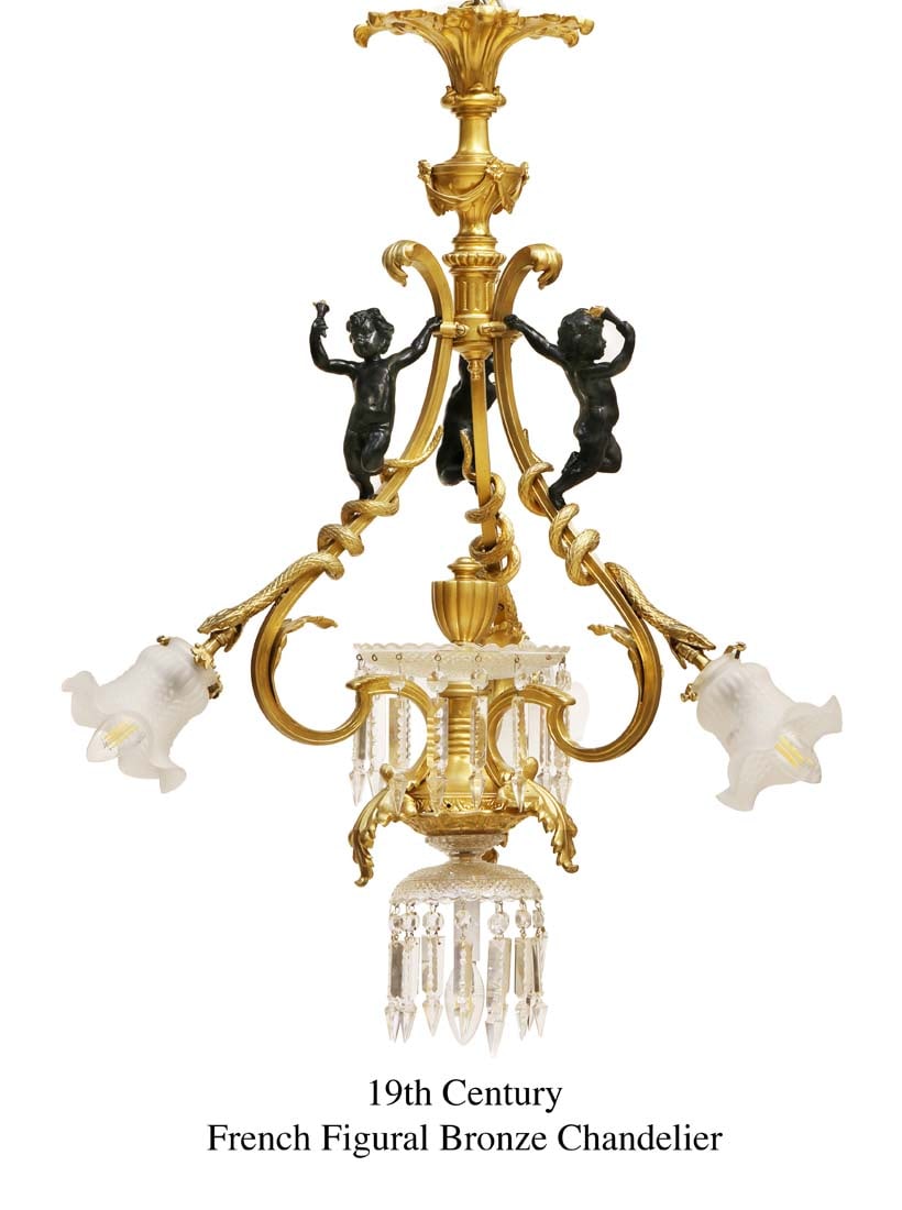19th C. French Figural Bronze & Crystal Four Lights Chandelier: 19th Century French Figural Bronze & Crystal Four Lights Chandelier. H 35"
