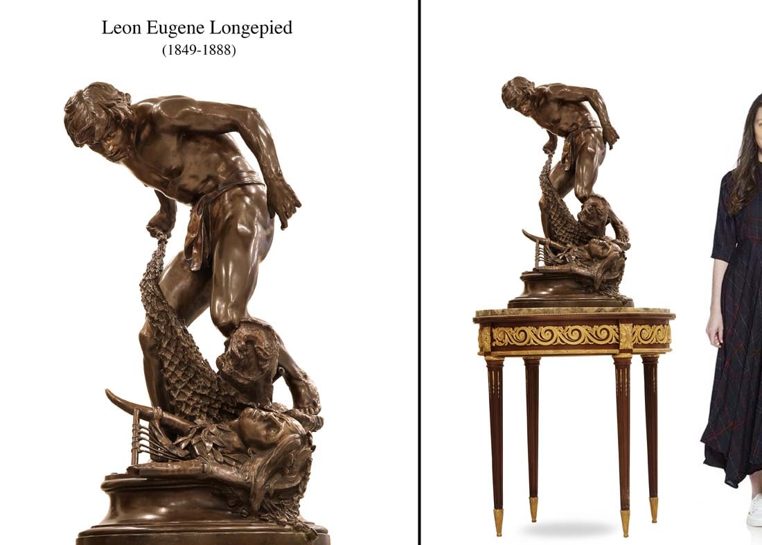 A Large 19th C. Leon Eugene Longepied Singed Patinated Bronze Sculpture: The Fisherman, A Large 19th Century Leon Eugene Longepied (1849-1888) Singed Patinated Bronze Statue. H 33" x W 18". Note: The base is NOT included! About Artist: A pupil of Jules Cavelier, Mathurin M