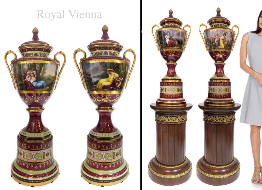 A PAIR OF LARGE AUSTRIAN ROYAL VIENNA PORCELAIN VASES: A PAIR OF LARGE AUSTRIAN ROYAL VIENNA HAND PAINTED PORCELAIN VASES. Note: The pedestals are NOT included! H 35"