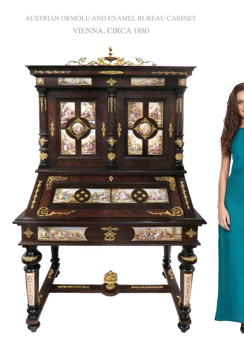 AUSTRIAN BRONZE & ENAMEL BUREAU CABINET, VIENNA, 19th C: 19th C. AUSTRIAN ORMOLU AND ENAMEL-MOUNTED BUREAU CABINET-ON-STAND, VIENNA, CIRCA 1880. H 71" x 27" x 42"