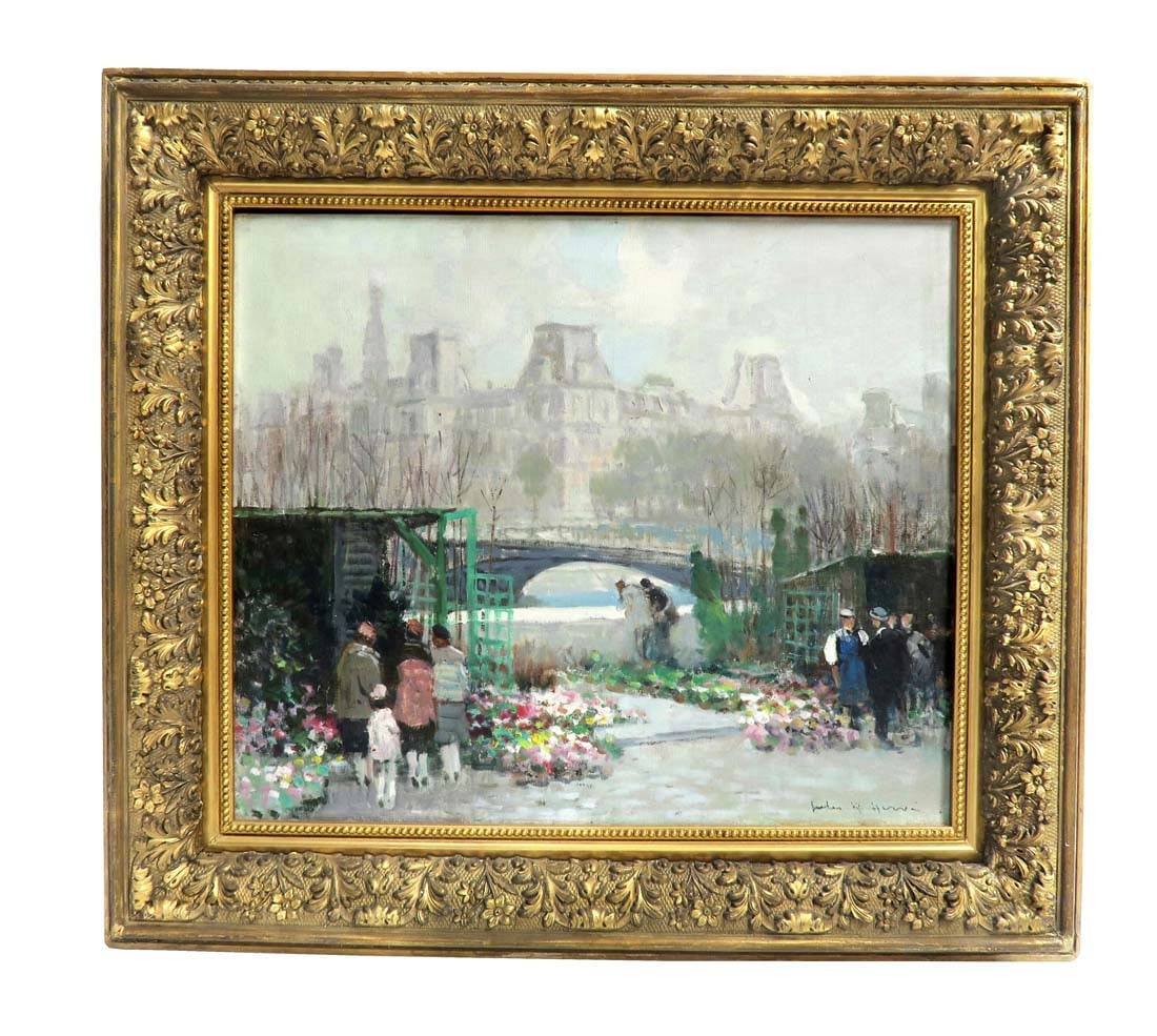 Jules Rene Herve (1887-1981) Large O/C, Flower Market: Flower Market, Jules Rene Herve (Langres, France, 1887-1981) Large Oil on Canvas Painting. 29.5" x 26.5"
