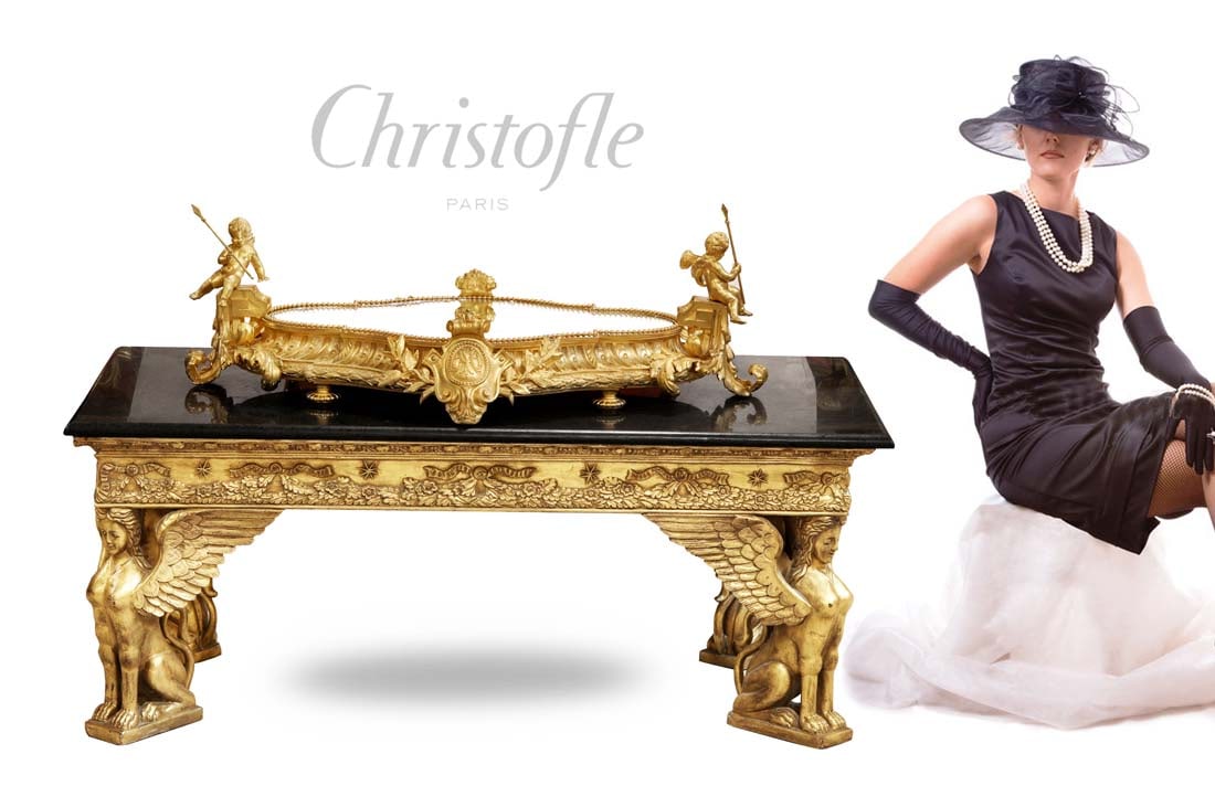 A Large 19th C. French Christofle Figural Gilt Bronze Centerpiece/Plateau: 19th Century French Christofle Figural Gilt Bronze Centerpiece/Plateau. H 11" x 36" x 23". NOTE: the table is NOT included!