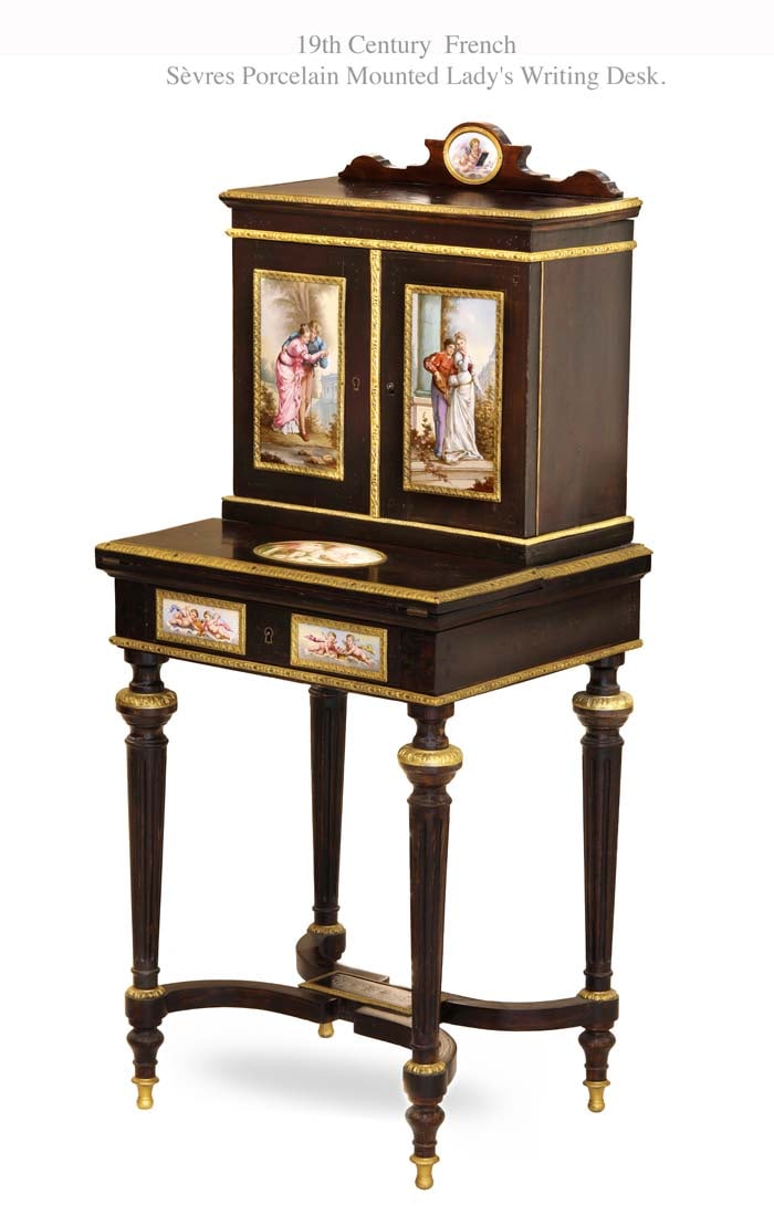 19th Century French Sevres Hand Painted Porcelain Mounted Lady's Writing Desk: 19th Century French Sevres Hand Painted Porcelain Mounted Lady's Writing Desk
