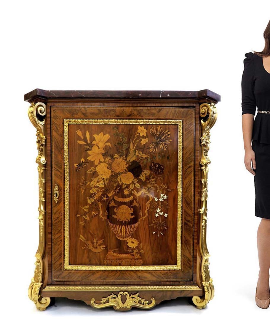 Fine 19th C. Bronze Mounted Inlaid Cabinet: Fine 19th C. Bronze Mounted Inlaid Cabinet. 39" x 19" x H 43"